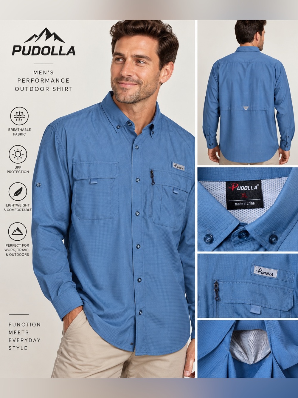 Pudolla Men’s XL Blue Performance Fishing Outdoor Shirt